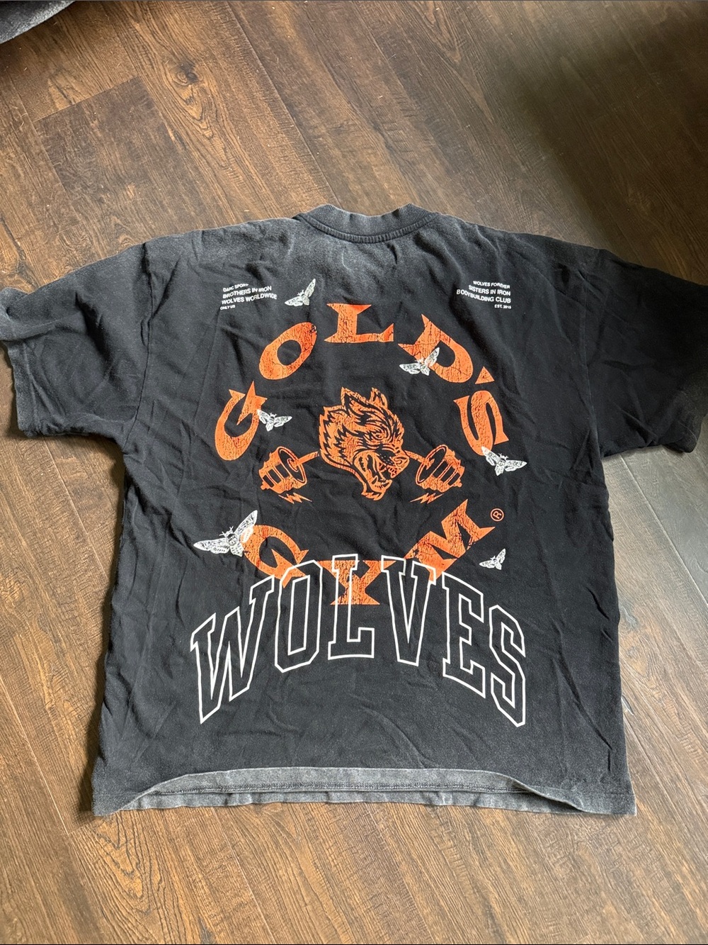 Darc Sport Black T-Shirt with Orange and White Gold's Gym Wolves Graphic